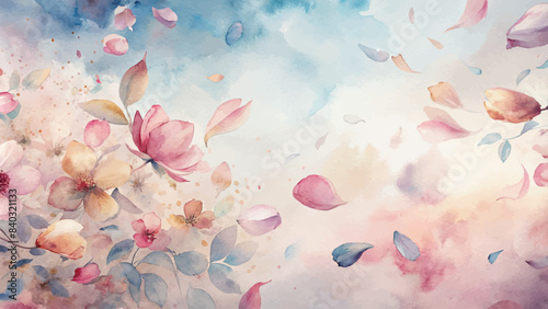 Watercolor background with scattered flower petals