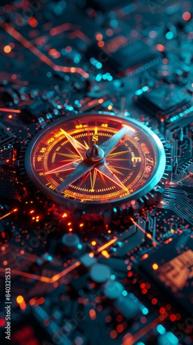 Wallpaper Mural Futuristic Compass on a Circuit Board close up, focus on, copy space Neon lights, advanced technology, sleek design, Double exposure silhouette with circuits and compass Torontodigital.ca