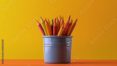 A blue bowl filled with a bunch of colored pencils photo