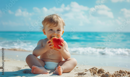 Adorable Toddler Enjoys Red Apple on Sunny Beach by the Sea
