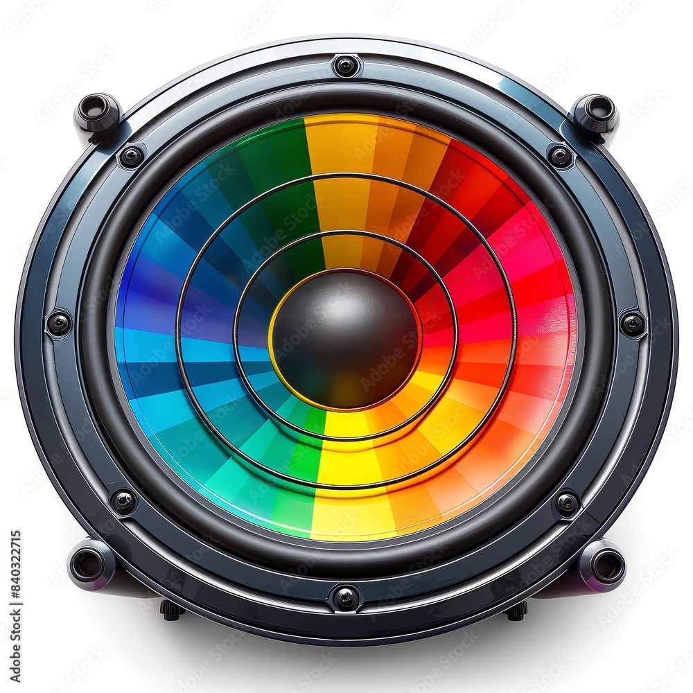 Vibrant multicolor speaker with circular gradient design, symbolizing sound and music in a lively, colorful presentation, isolated on white.