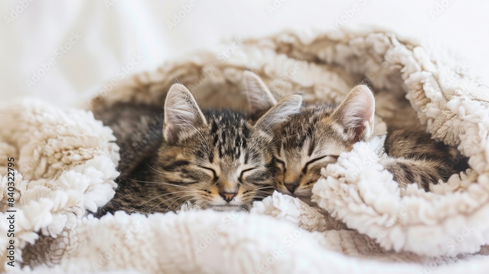 Two adorable kittens snuggle close together, taking a nap in a soft, white blanket. They are curled up in a peaceful slumber, their eyes closed. Two adorable kittens snuggle close together, taking a nap in a soft, white blanket. They are curled up in a peaceful slumber, their eyes closed.