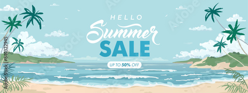 Vector beautiful realistic illustration of sandy summer beach tropical resort. Summer sale horizontal promotional travel card, wallpaper, flyer or web banner design template