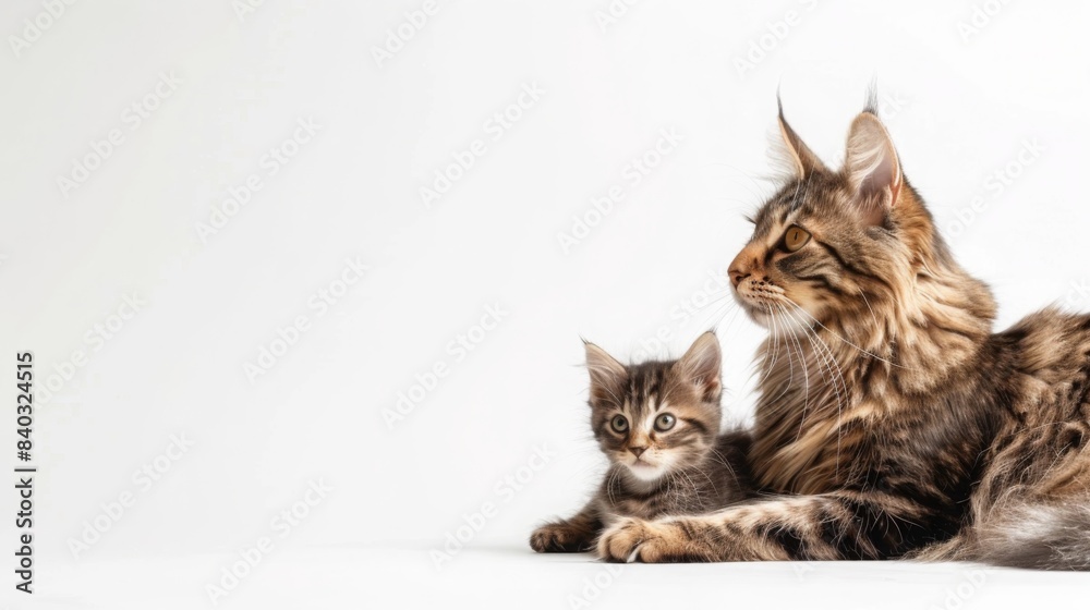 A brown tabby Maine Coon cat and a smaller kitten, also brown tabby, lay side by side on a white background. Both cats are looking off to the side. A brown tabby Maine Coon cat and a smaller kitten, also brown tabby, lay side by side on a white background. Both cats are looking off to the side.