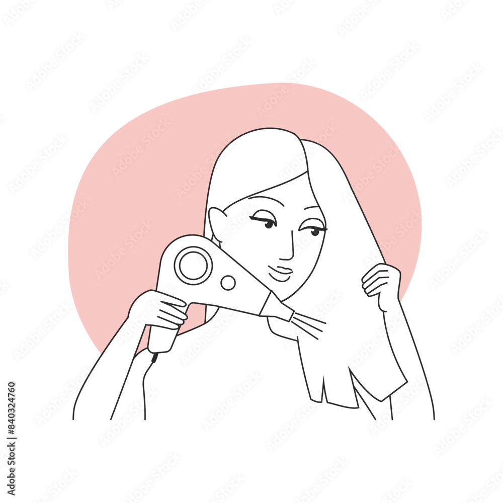 Girl drying hair in bathroom, female character using hairdryer vector illustration Girl drying hair in bathroom, female character using hairdryer vector illustration