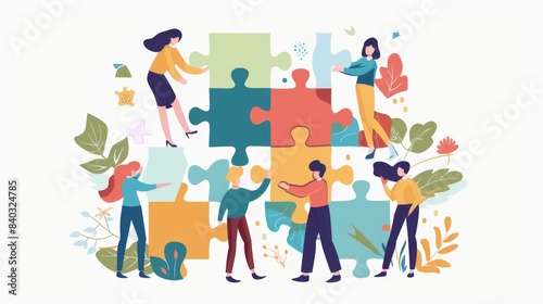 Concept of teamwork and partnership. Hands join puzzle pieces in the office. business people putting the jigsaws team together.Charity, volunteer.