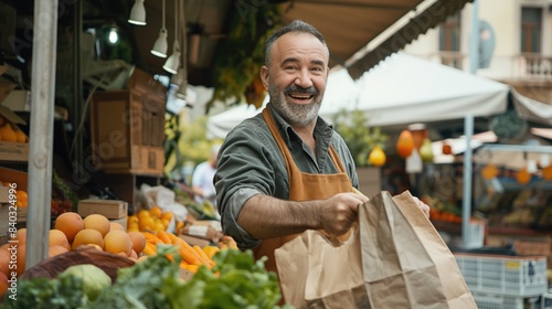 Vendeur joyeux sur un marché de fruits et légumes.