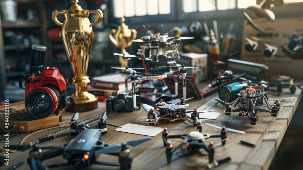 Fototapeta premium HighSpeed Thrills Professional Drone Racer's Workshop with Racing Drones Controllers and Trophies Stock Image