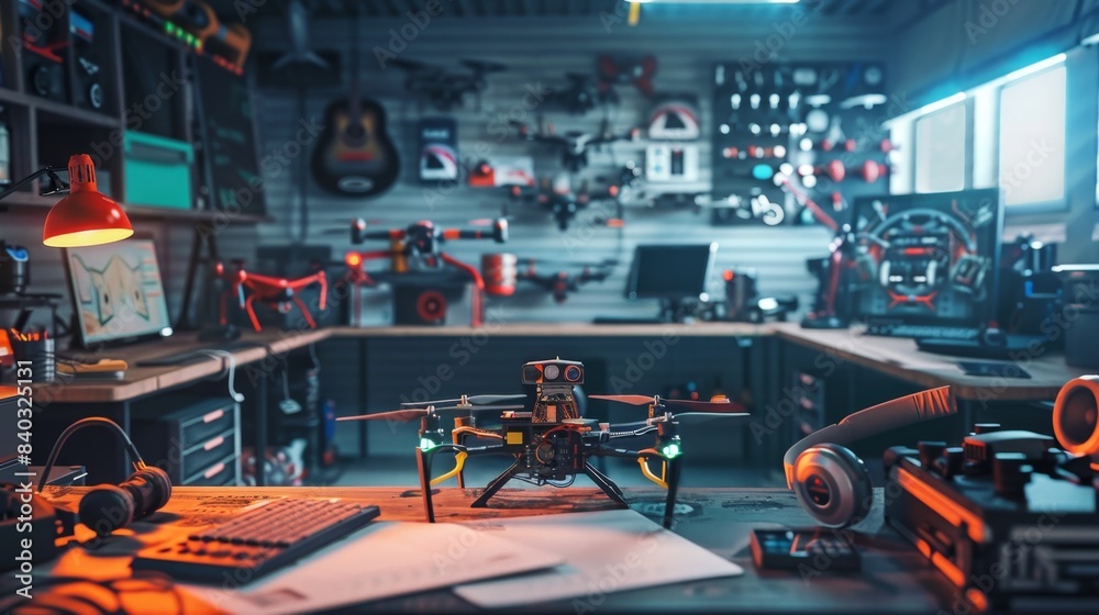 HighSpeed Thrills Professional Drone Racer's Workshop with Racing Drones Controllers and Trophies Stock Image HighSpeed Thrills Professional Drone Racer's Workshop with Racing Drones Controllers and Trophies Stock Image