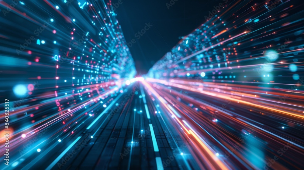 Digital data flow on road with motion blur to create vision of fast speed transfer . Concept of future digital transformation Digital data flow on road with motion blur to create vision of fast speed transfer . Concept of future digital transformation