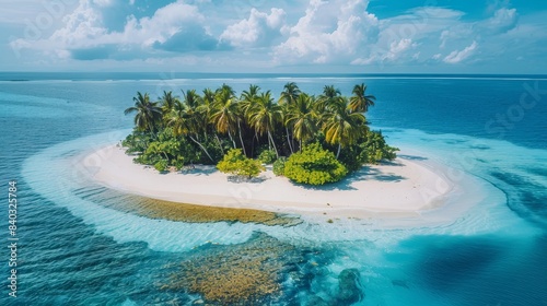 A secluded tropical island with white sand and palm trees, summer vacation.
