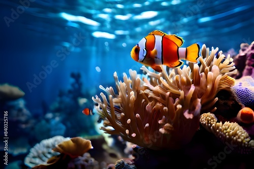 An orange clownfish swimming among vibrant anemones in a clear ocean setting, showcasing marine life beauty.