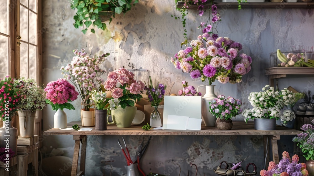 Fototapeta premium Blooming Business Professional Floral Workshop with Customizable Business Cards Lush Arrangements and Gardening Tools