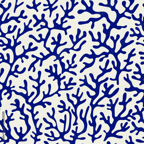 Coral seamless pattern background in vintage style in blue colors. Matisse-inspired modern abstract organic algae background. Vector design for textile, wrapping paper, greeting cards.
