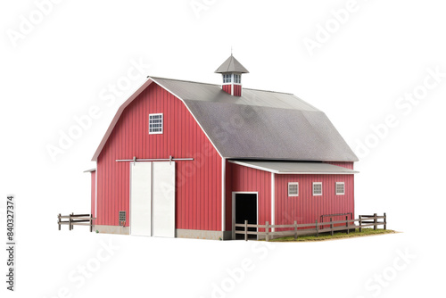 Classic red barn with white doors and cupola. Perfect for rural, agriculture, and farm-stock imagery.