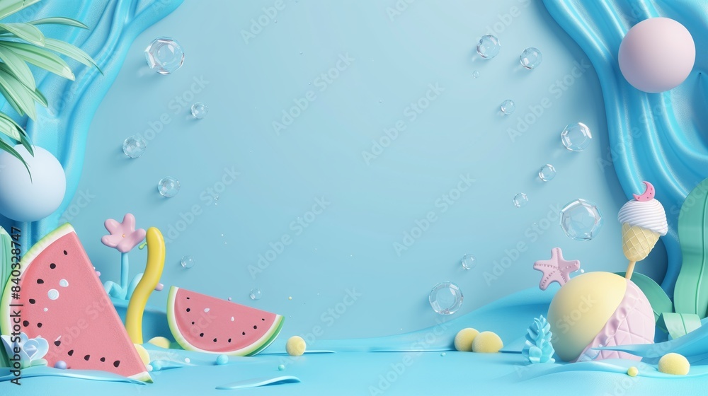 Smooth light blue background with watermelon, ball and ice cream, in the middle a lot of space for text. Smooth light blue background with watermelon, ball and ice cream, in the middle a lot of space for text.