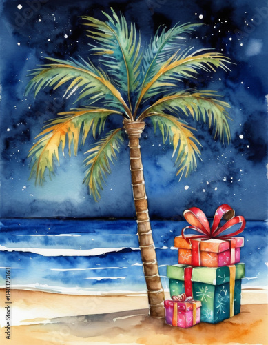 watercolor illustration Palm tree in Christmas decoration with presents on exotic beach at night