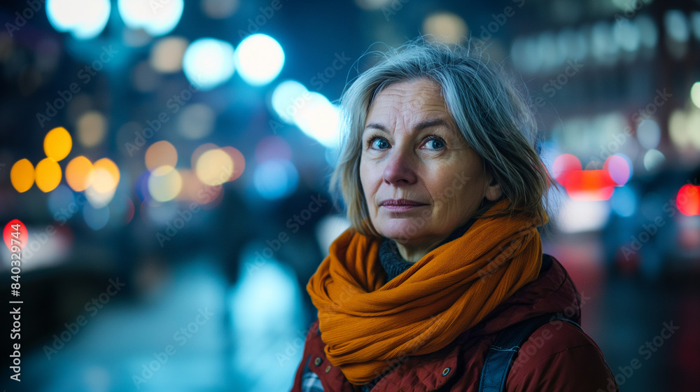 Woman in her 40s in the city at night illumination portrait image Woman in her 40s in the city at night illumination portrait image