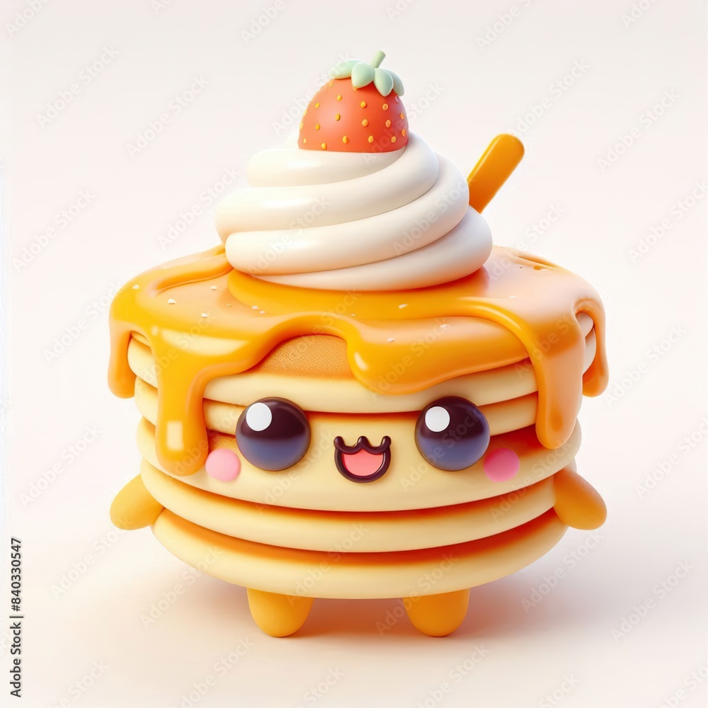 a Pancake, in the 3D illustration style, cute, kawaii character design with on a white background a Pancake, in the 3D illustration style, cute, kawaii character design with on a white background