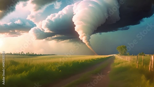 A Tornado in a green field under a dramatic sky with clouds and a hint of a storm