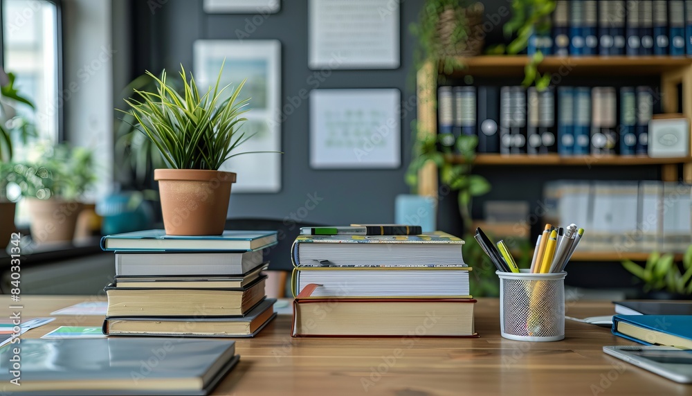 Cozy office desk with potted plant, stacked books, and stationery. Modern workplace with organized shelves and bright natural light. Cozy office desk with potted plant, stacked books, and stationery. Modern workplace with organized shelves and bright natural light.