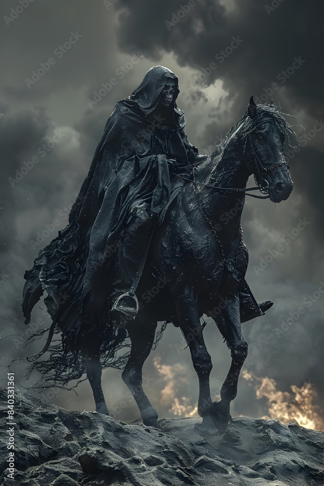 Cloaked Specter of Mortality Atop a Galloping Horse of Living Flame in Blasted Terrain and Ominous Storm Cloaked Specter of Mortality Atop a Galloping Horse of Living Flame in Blasted Terrain and Ominous Storm