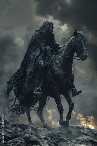 Cloaked Specter of Mortality Atop a Galloping Horse of Living Flame in Blasted Terrain and Ominous Storm