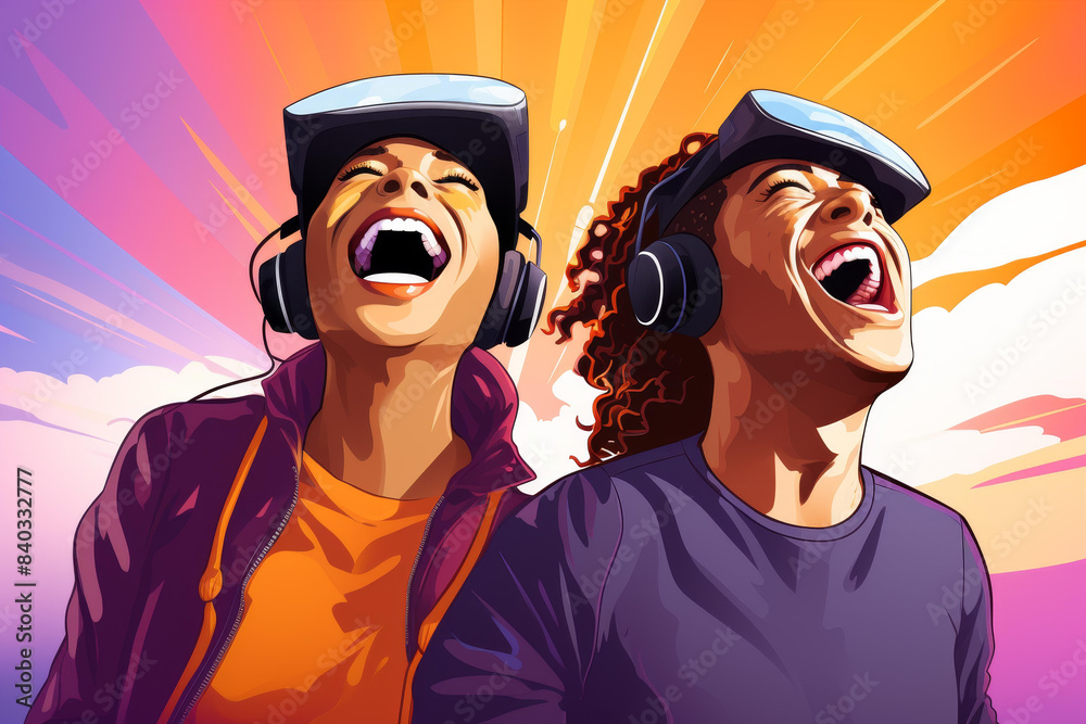 An illustration of a joyful couple wearing HTC Vive VR headsets, captivated by immersive experiences. An illustration of a joyful couple wearing HTC Vive VR headsets, captivated by immersive experiences.