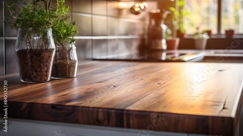 wooden kitchen counter with a blurred background 