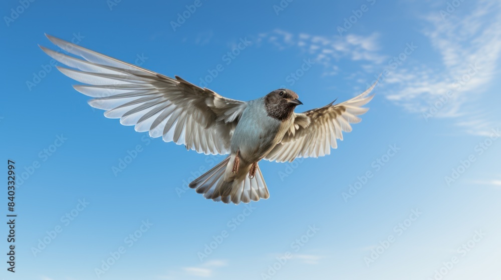 Obraz premium a bird taking flight, soaring above a clear blue sky 
