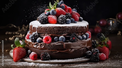 a chocolate cake with rich frosting  decorated with fresh berries and a dusting of powdered sugar.