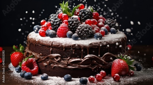 a chocolate cake with rich frosting  decorated with fresh berries and a dusting of powdered sugar.