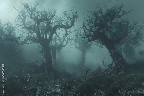 Ethereal Spirits Haunting Desolate Fog-Shrouded Grove of Twisted Dead Trees in Mysterious Cinematic Landscape