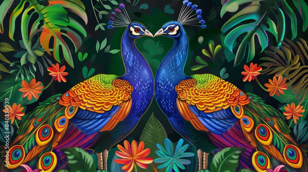 Fototapeta premium Illustration of two vibrant peacocks facing each other with lush tropical foliage in the background.