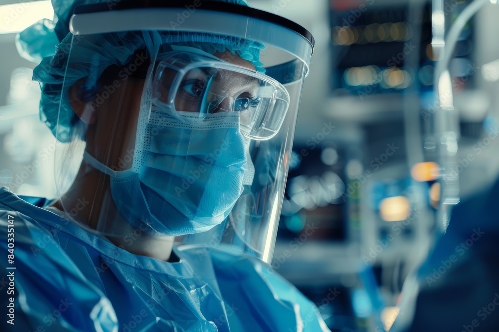 A close-up of a focused healthcare worker wearing protective gear and a mask, highlighting their dedication and concentration in a medical setting