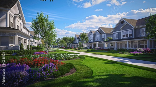 A photorealistic image of a charming suburban neighborhood with rows of neatly manicured lawns, colorful flower beds, and welcoming front porches, perfect for families and young professionals