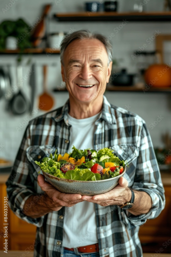 Elderly man beaming with joy while holding a nutritious vegetable salad in a cozy kitchen setting Elderly man beaming with joy while holding a nutritious vegetable salad in a cozy kitchen setting