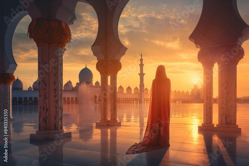  a Muslim woman in a hijab on the background of traditional architecture and sunset.  Islamic background  photo