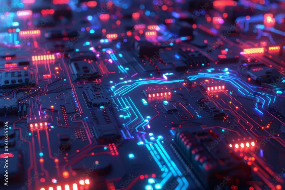 Obraz premium A close-up view of a neon-lit circuit board with intricate patterns and glowing pathways, highlighting the complexity and beauty of modern electronics.