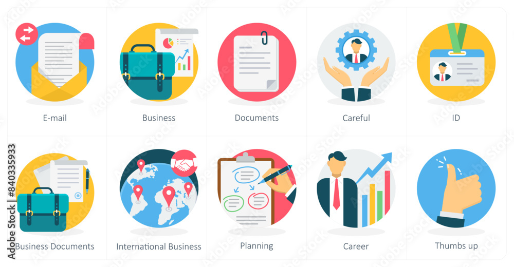 A set of 10 business icons as email, business documents, careful