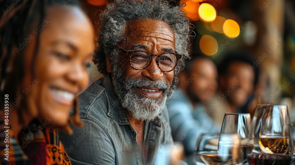 Obraz premium happy elderly man and his son drink wine during a family dinner.illustration