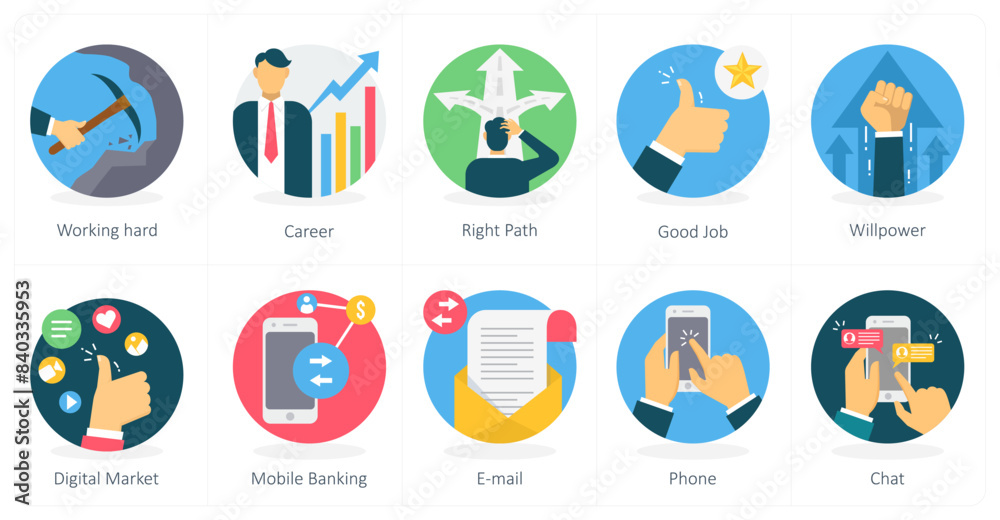 A set of 10 business icons as working hard, career, right path A set of 10 business icons as working hard, career, right path