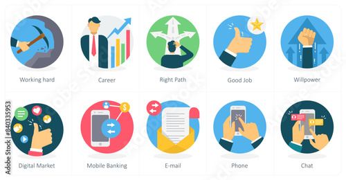 A set of 10 business icons as working hard, career, right path