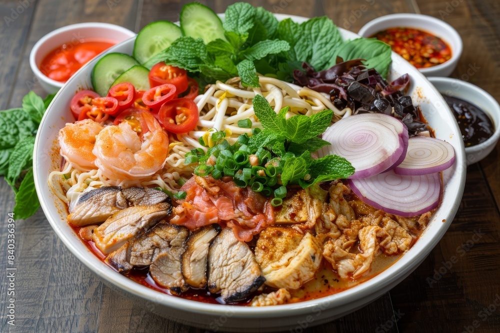 Vietnamese noodle bowl with shrimp, beef, and fresh herbs, artistically presented in a high quality food photography setup with natural lighting Vietnamese noodle bowl with shrimp, beef, and fresh herbs, artistically presented in a high quality food photography setup with natural lighting