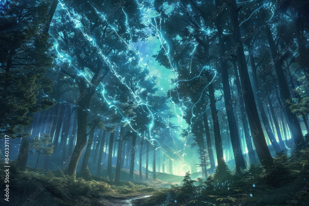 Obraz premium Enchanted Forest Illuminated by Iridescent Light Ribbons