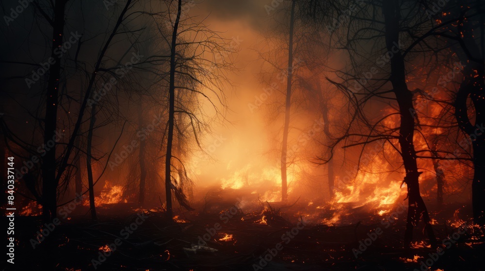 forest ablaze, the smoke and flames obscuring the sun forest ablaze, the smoke and flames obscuring the sun