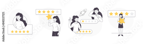 Feedback and Customer Review with People Character with Star Rating Service Vector Set