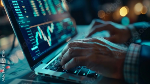Close-up of a trader's hands typing rapidly on a laptop with stock exchange data on the screen, emphasizing financial analysis and market activity.