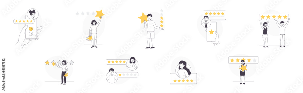 Feedback and Customer Review with People Character with Star Rating Service Vector Set
