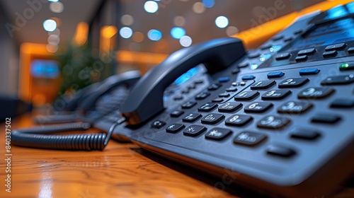 close up of a modern ip telephone set for the concepts of office work and corporate environments.stock photo